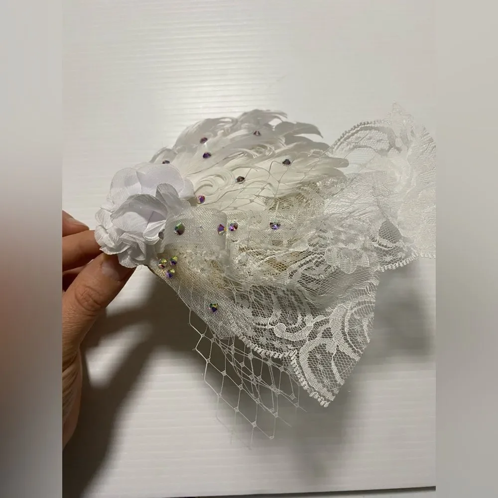 Birdcage veil lace feather fascinator hair accessory Bridal dance formal flapper